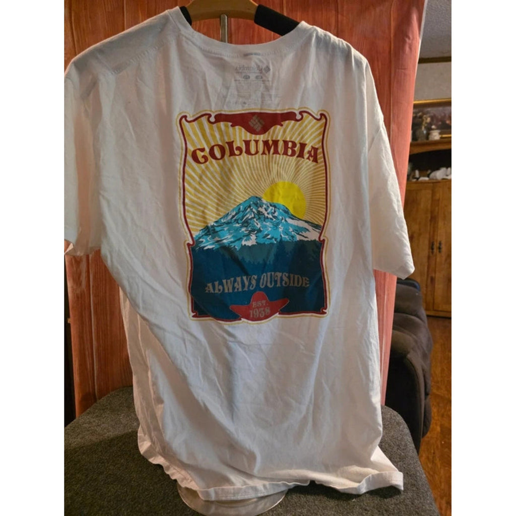 Columbia Men’s XL White Graphic T-Shirt - "Always Outside" Mountain Back Print