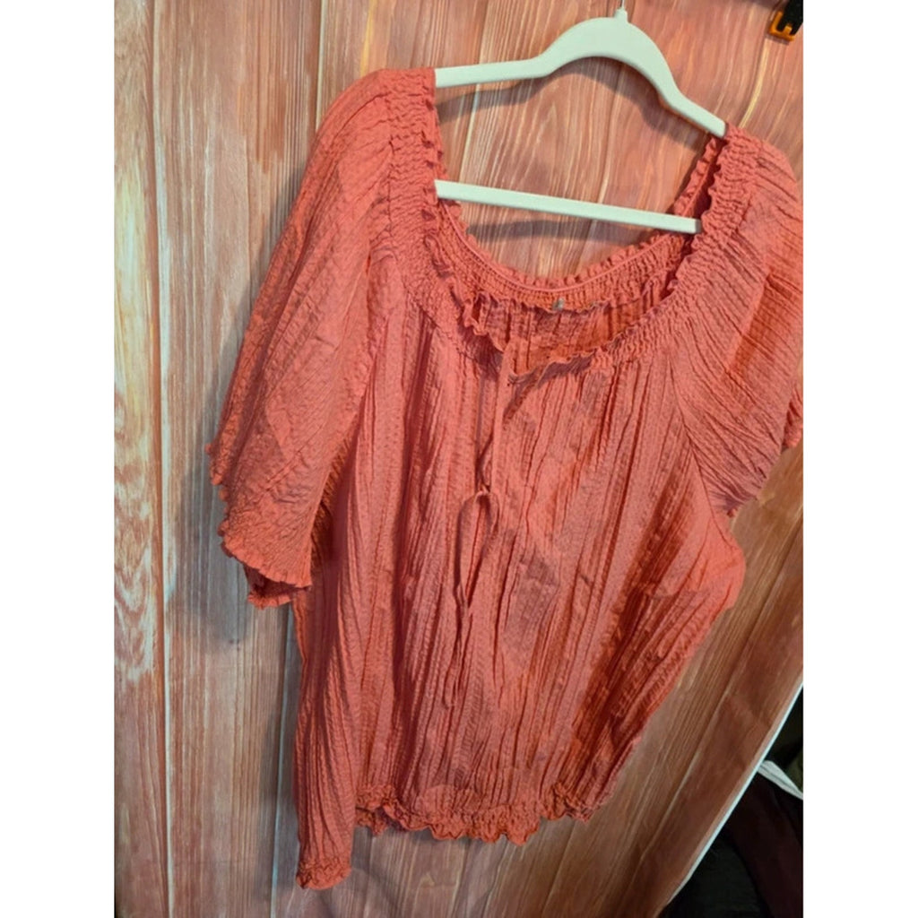 Boho Peasant Blouse Top Coral Salmon Crinkle Textured Smocked Scoop Neck