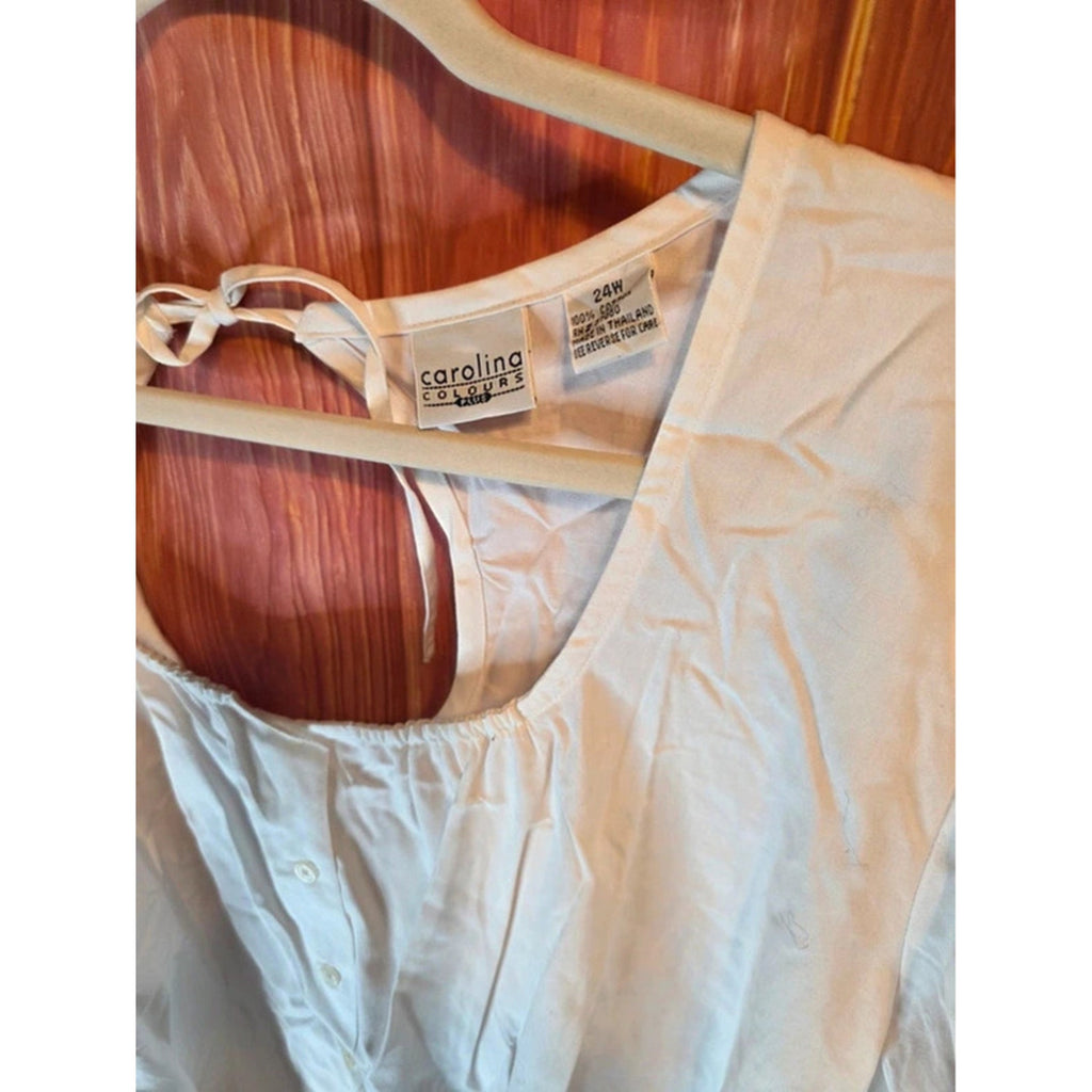 Carolina Colours Plus White 100% Cotton Peasant Blouse 24W Tie Back