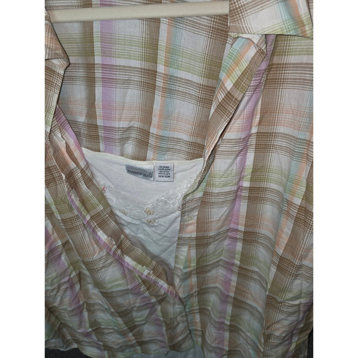 Fashion Bug Women's Button-Up Plaid Blouse with White Tank Top 30/32