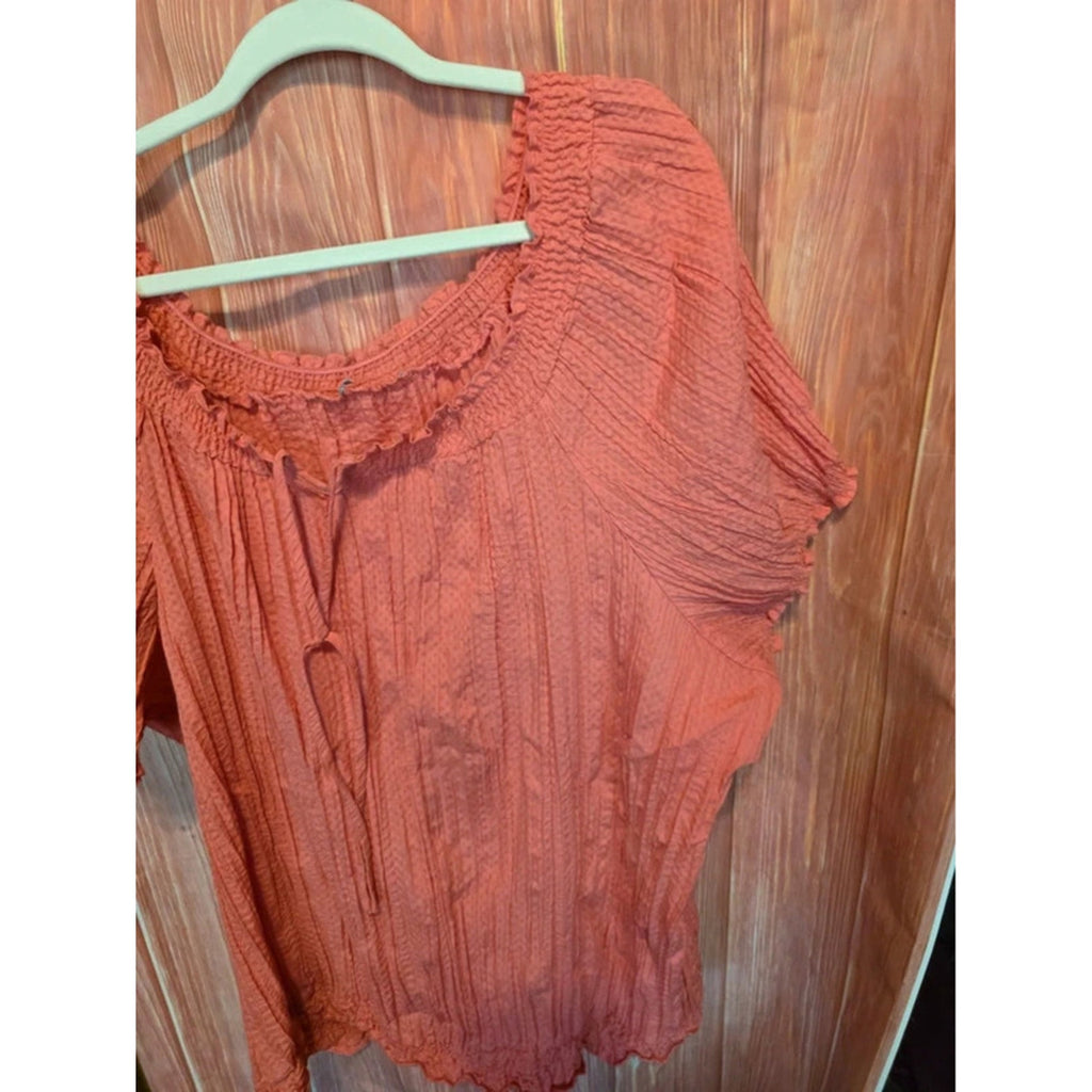 Boho Peasant Blouse Top Coral Salmon Crinkle Textured Smocked Scoop Neck