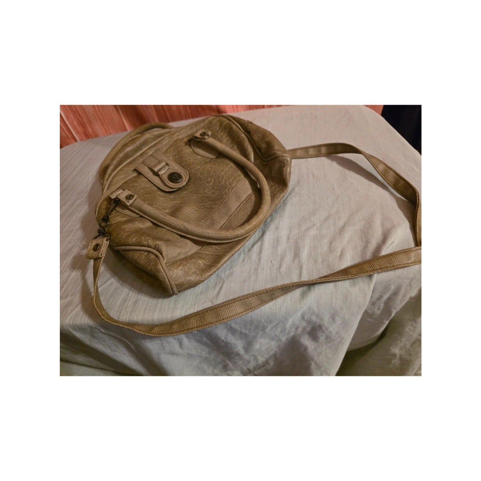 Vintage Y2K Taupe Textured Crossbody Satchel - Brass Details & Double Handles
