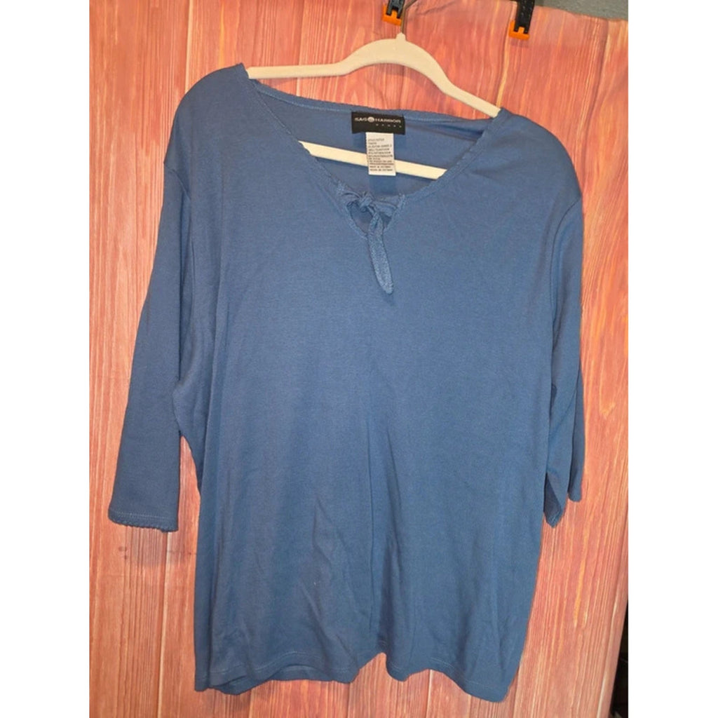 Sag Harbor Woman Slate Blue Picot Trim Tie Neck 3/4 Sleeve Top Size 2X