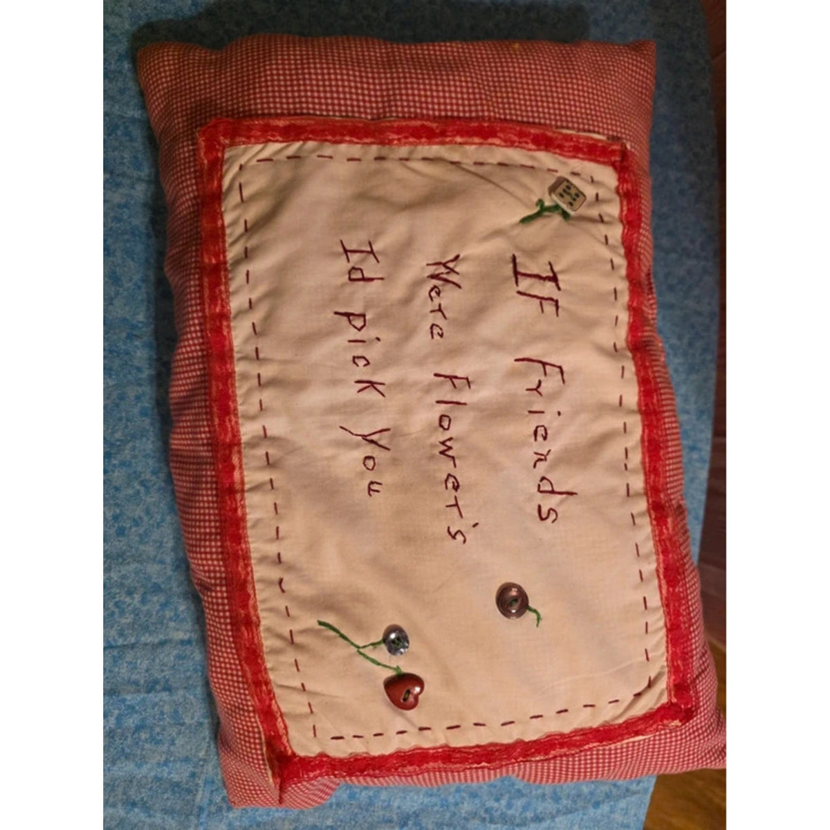 Vintage Handmade Throw Pillow Embroidered If Friends Were Flowers Gingham