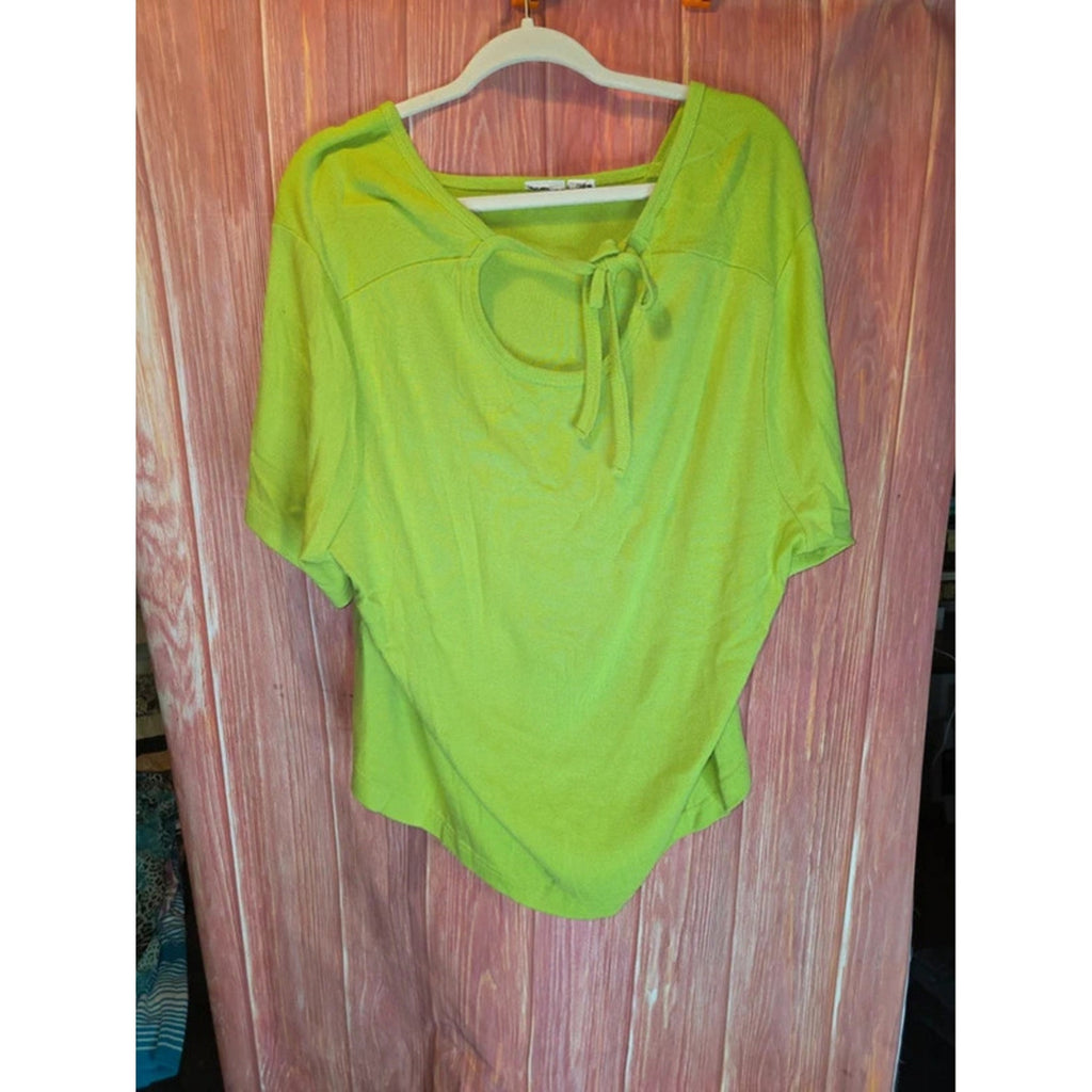 Bright Lime Green Keyhole Tie Neck Dolman Short Sleeve Top 24W Plus