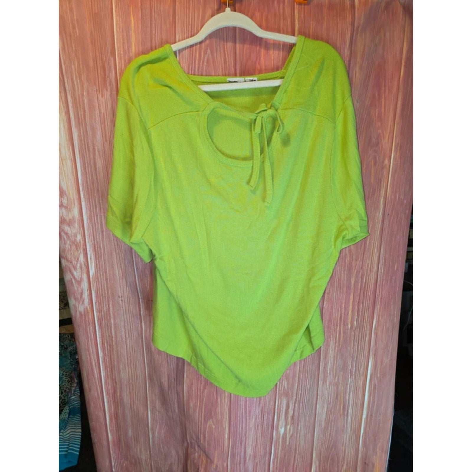 Bright Lime Green Keyhole Tie Neck Dolman Short Sleeve Top 24W Plus