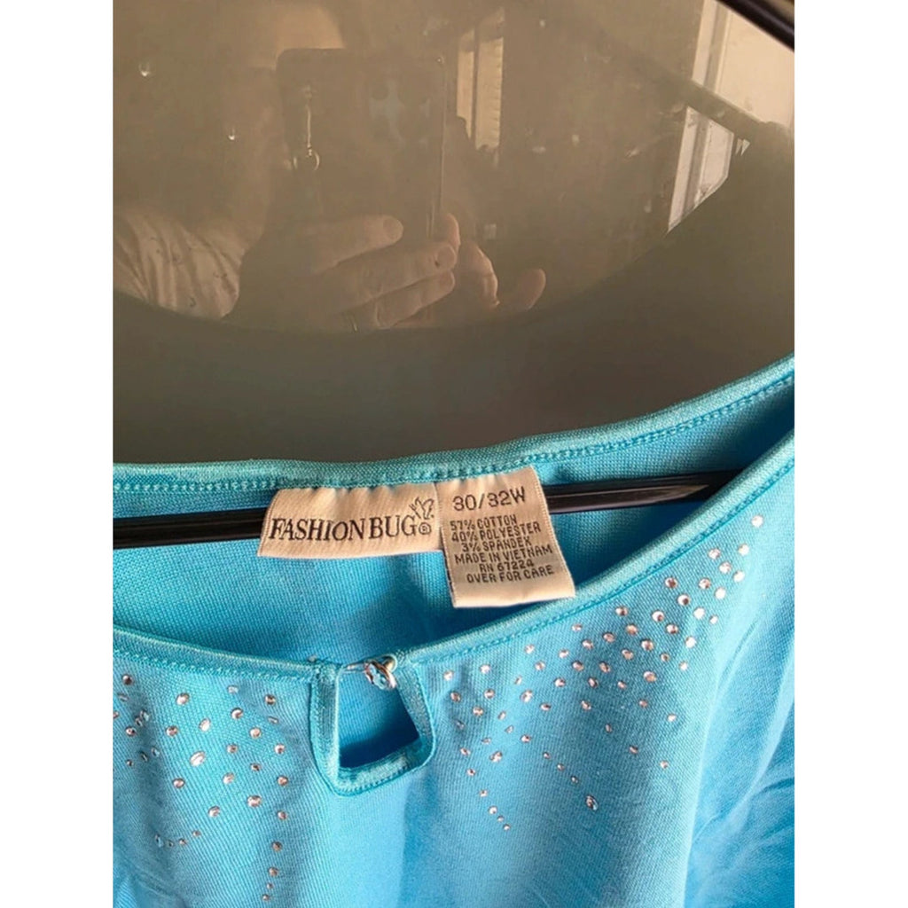 Fashion Bug Plus 30W/32W Aqua Blue Studded Rhinestone Neckline Stretch T-Shirt