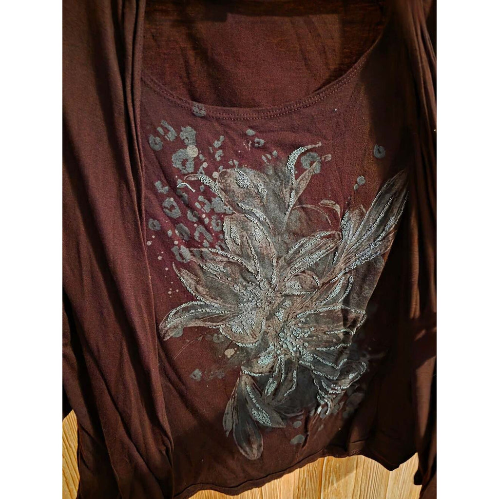 Jaclyn Smith Women's Plus Size 3X Burgundy Open Front Cardigan with Floral Graph