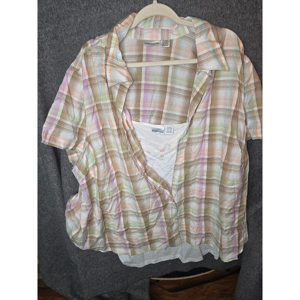 Fashion Bug Women's Button-Up Plaid Blouse with White Tank Top 30/32