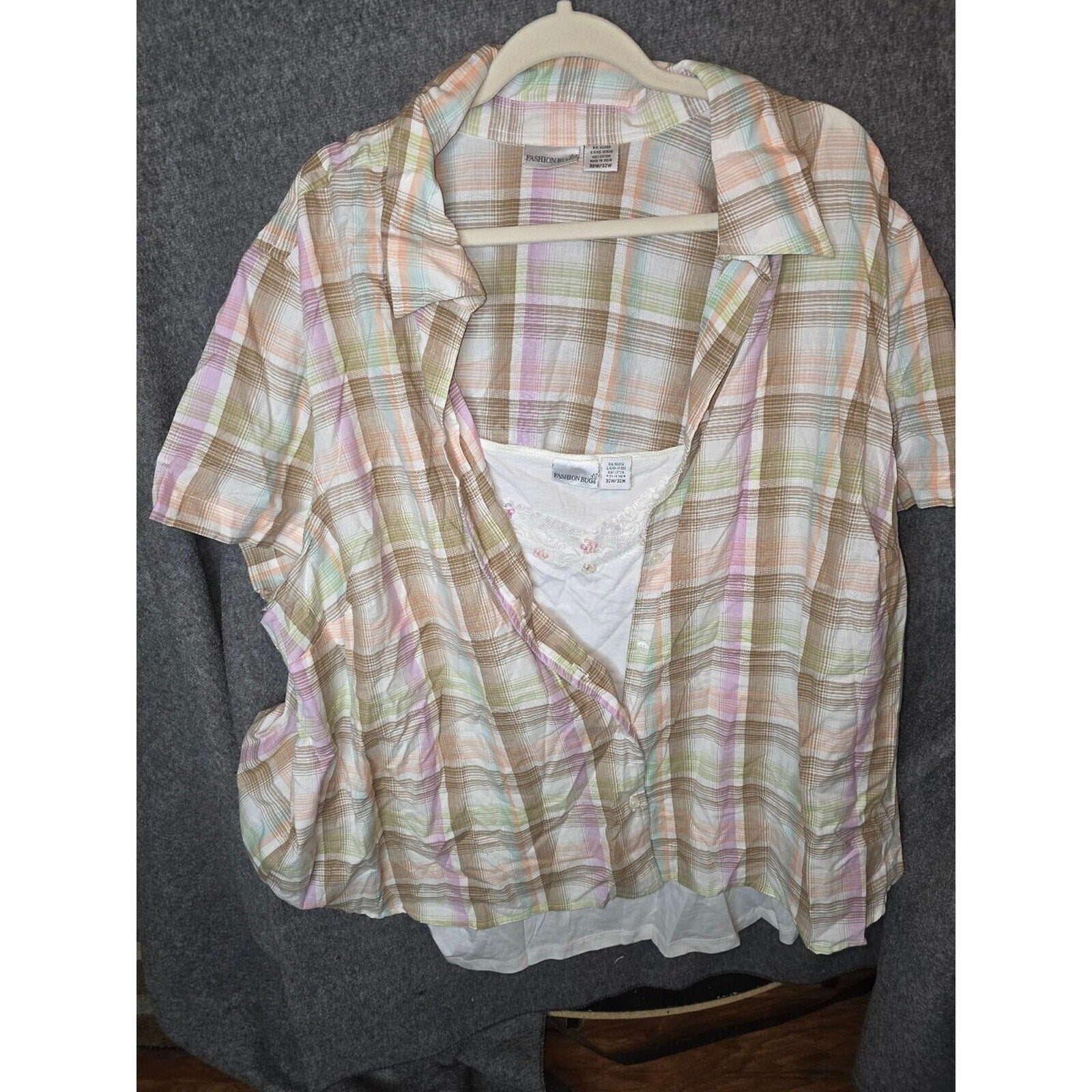 Fashion Bug Women's Button-Up Plaid Blouse with White Tank Top 30/32