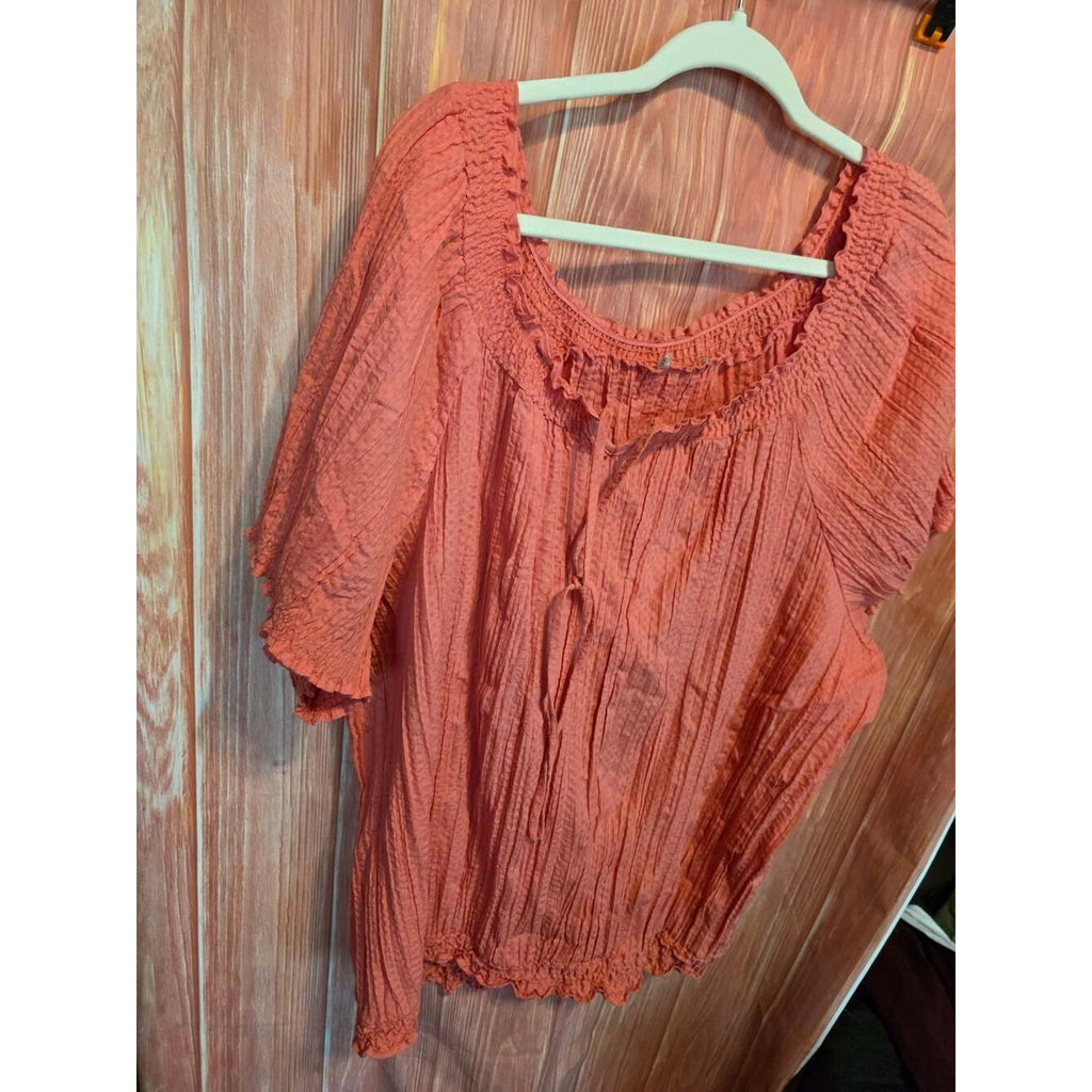 Fashion Bug Women's Coral Short Sleeve Smocked Ruffle Neck Tie Front Blouse