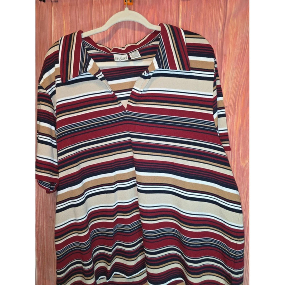 Carolina Colours Plus Burgundy Navy Tan Striped Johnny Collar Polo Top 26/28W