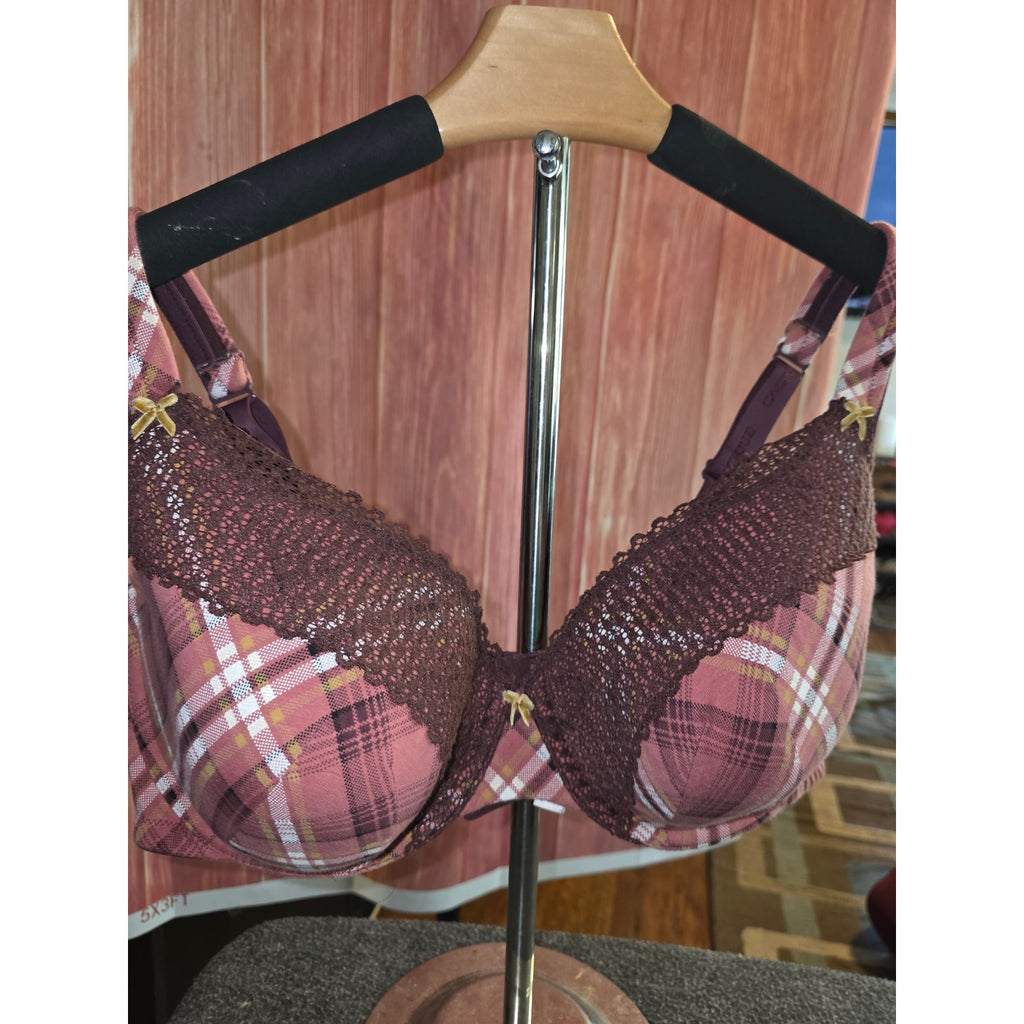 NWOT Cacique Lane Bryant Balconette Bra 46C Pink Brown Plaid Lace Underwire $65