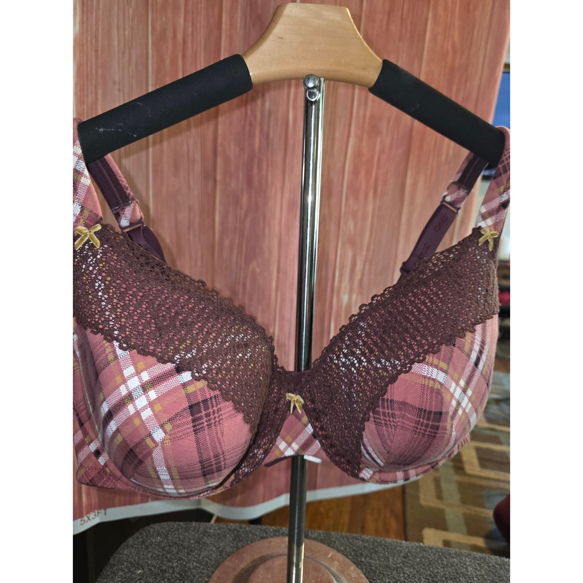 NWOT Cacique Lane Bryant Balconette Bra 46C Pink Brown Plaid Lace Underwire $65