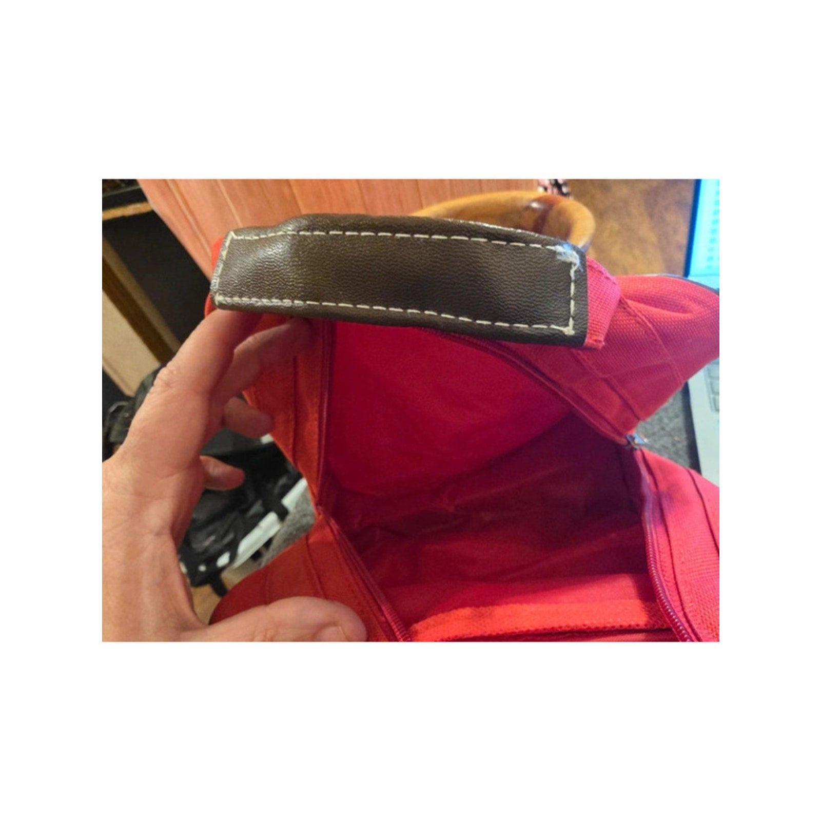 Brick Red Canvas Shoe Bag Travel Packing Cube Brown Faux Leather Trim