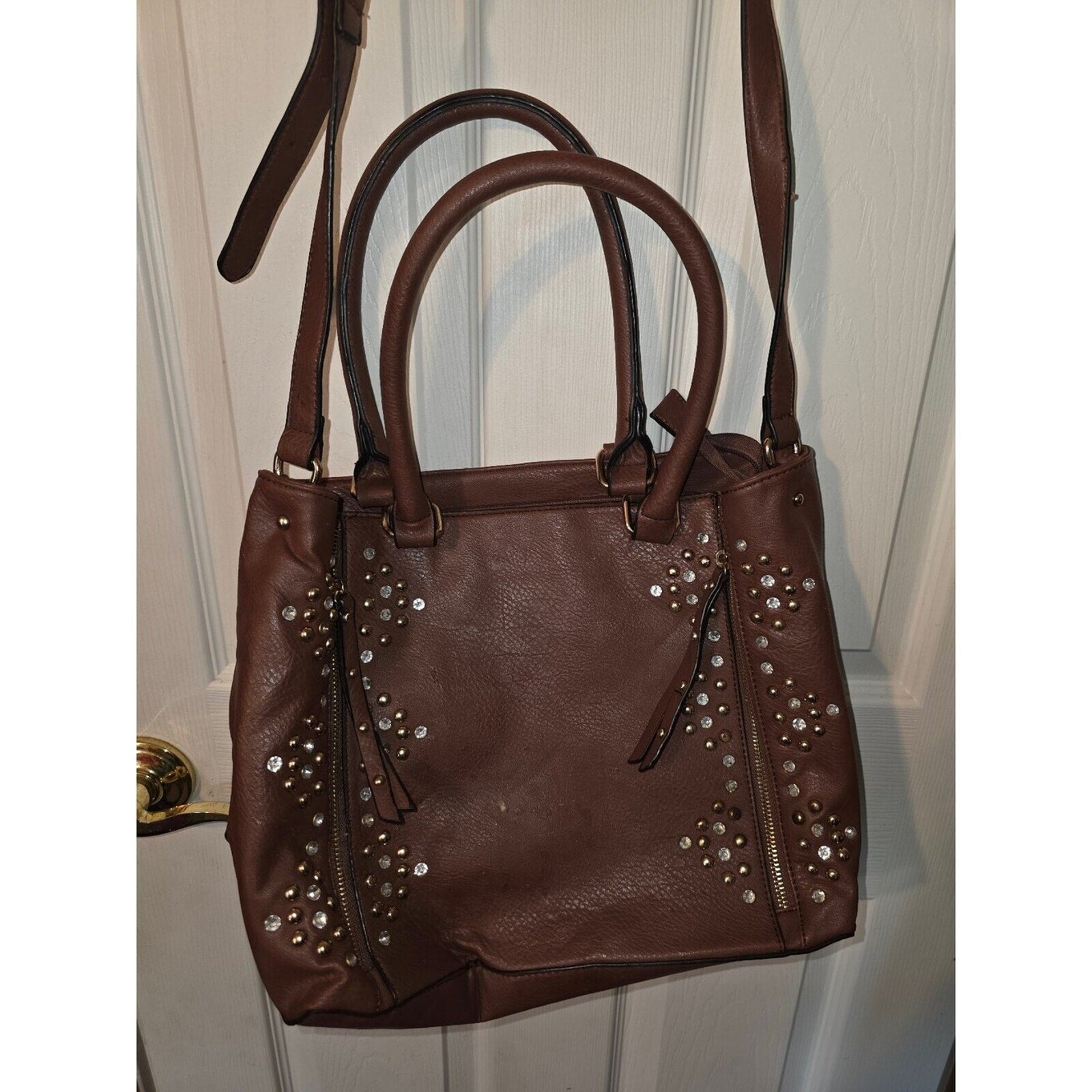 Brown studded tote bag