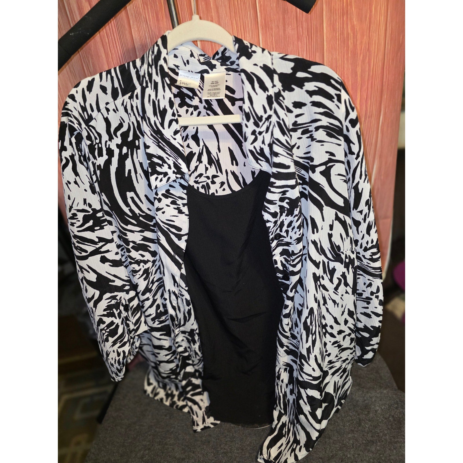 JMS Just My Size Womens 4X 26W/28W 2-in-1 Layered Blouse Top Black White Zebra Cami