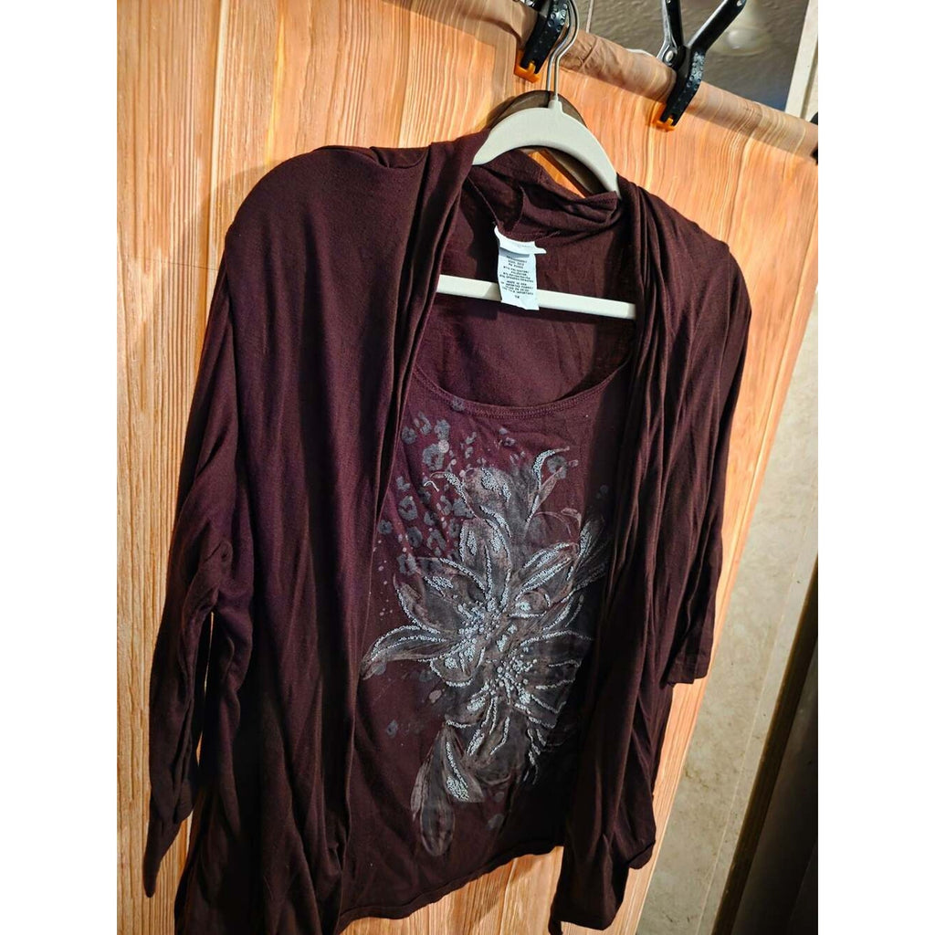 Jaclyn Smith Women's Plus Size 3X Burgundy Open Front Cardigan with Floral Graph