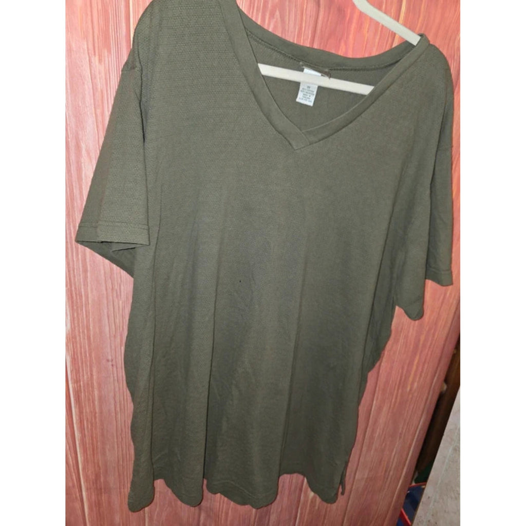 Fashion Bug Vintage Textured Knit V-Neck T-Shirt Top Olive Army Green 3X