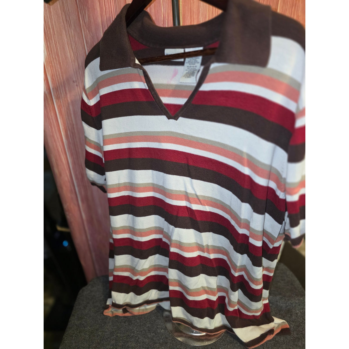 White Stag Plus 26W/28W Striped Knit Polo Top Short Sleeve Brown Burgundy Beige