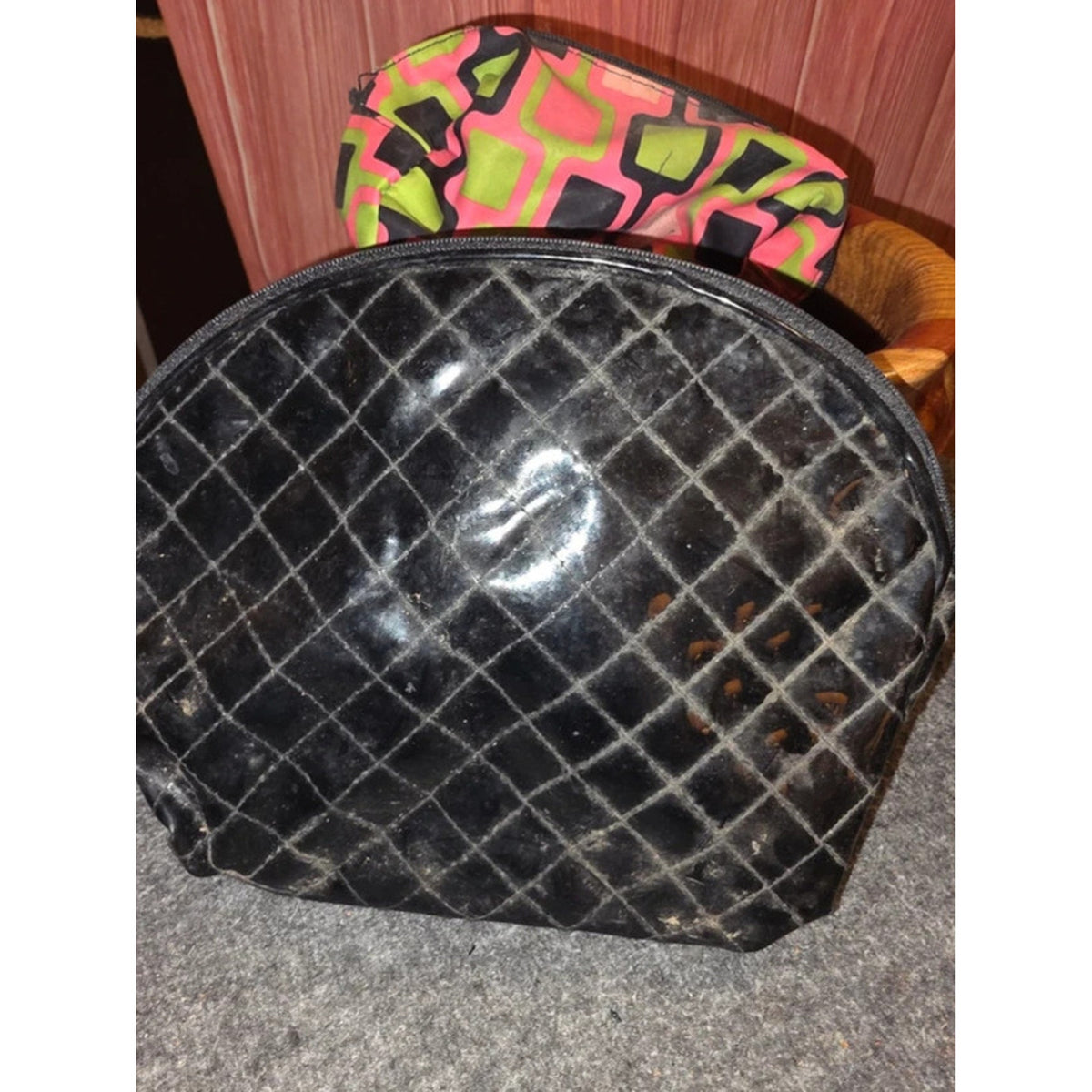 2 Makeup Bags Retro Mod Geometric Print Nylon & Black Quilted Patent Dome Pouch