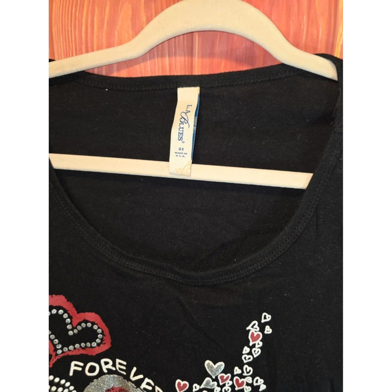 LA Blues Black Glitter Love Hearts Graphic Scoop Neck T-Shirt 4X Made in USA