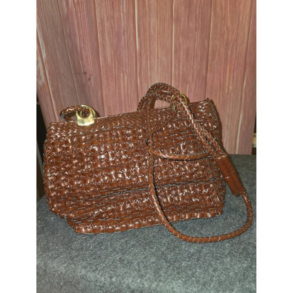 Vintage Cognac Brown Woven Faux Leather Braided Handles Gold Hardware Boho Purse