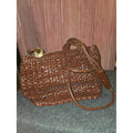 Vintage Cognac Brown Woven Faux Leather Braided Handles Gold Hardware Boho Purse