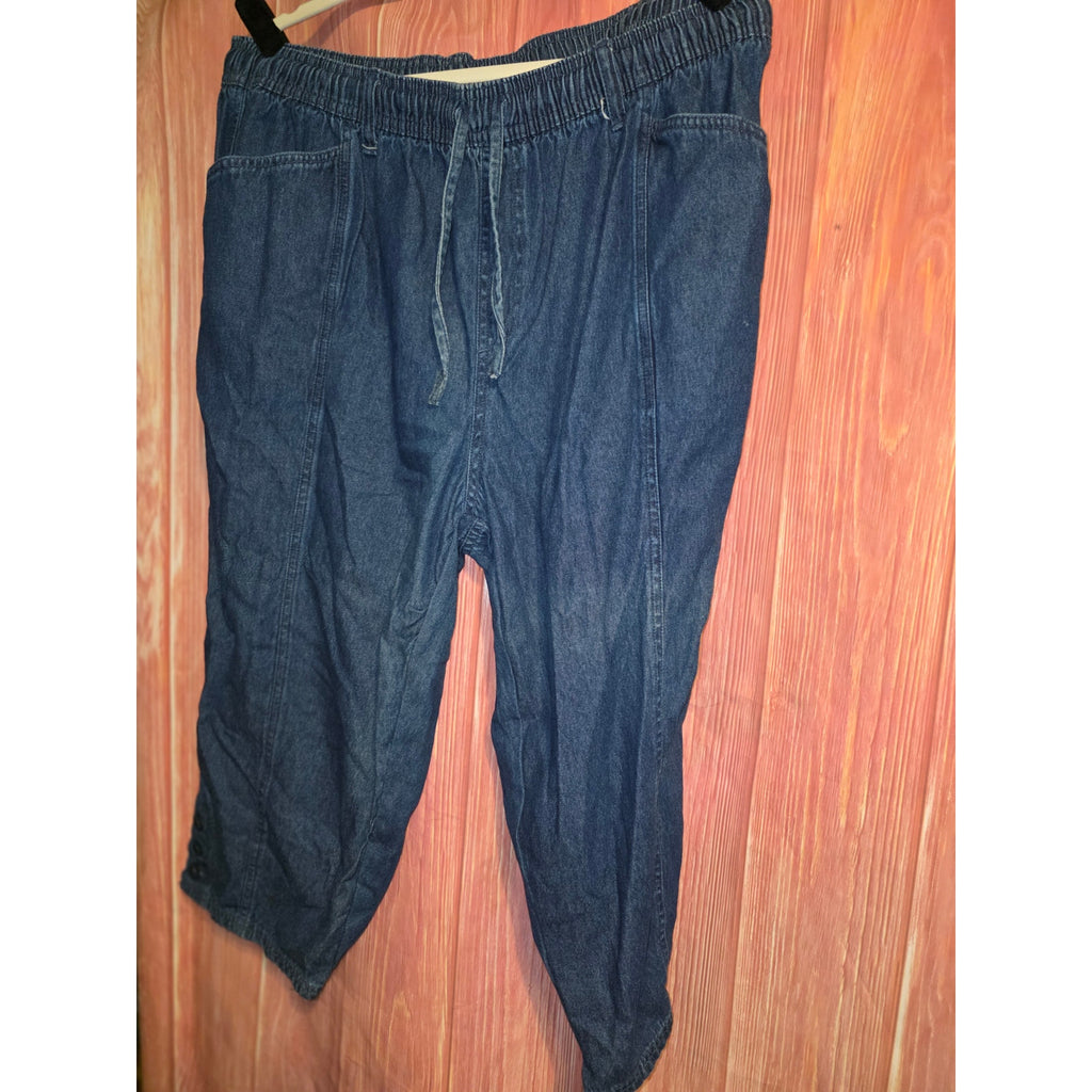 Erika Womens 2X Denim Chambray Pull On Cropped Pants Elastic Drawstring Blue