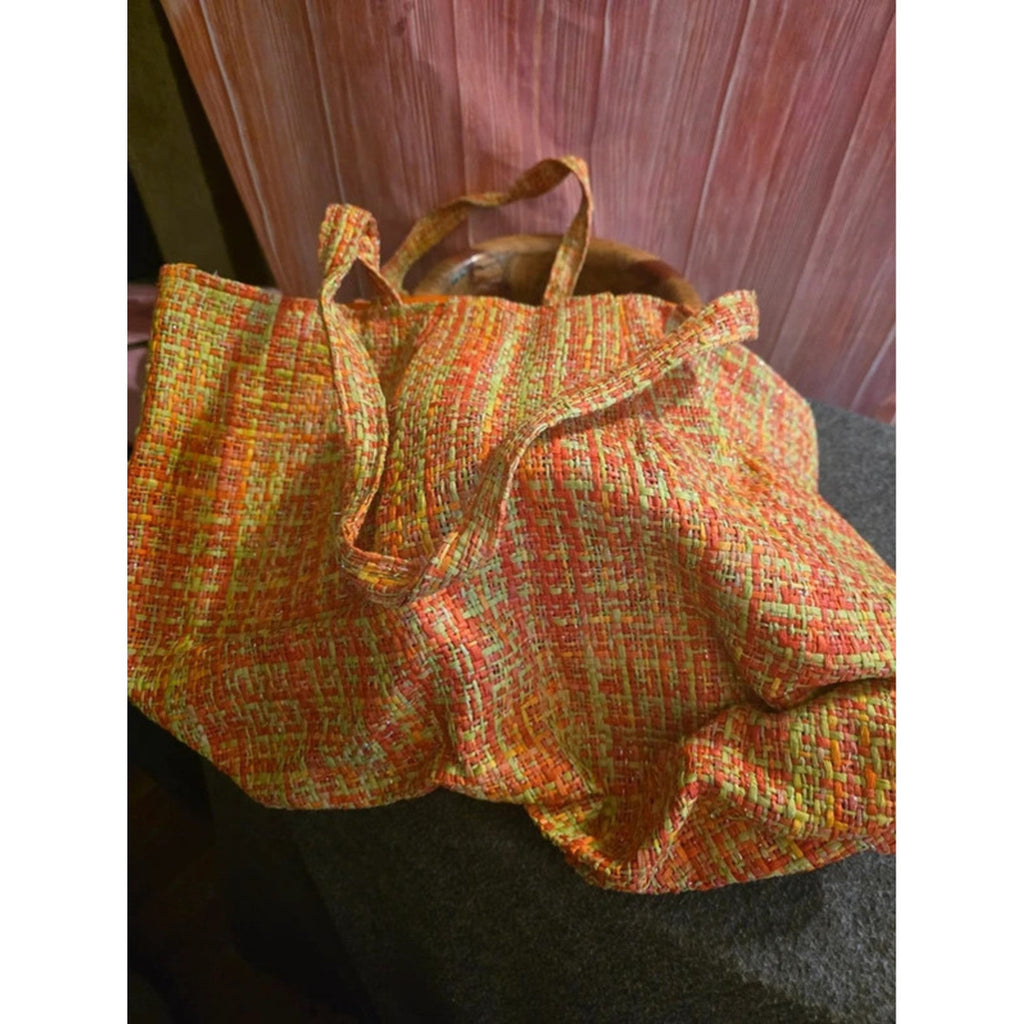 Bijoux Terner Orange Lime Woven Raffia Straw Tote Bag Sparkle Shimmer Beach