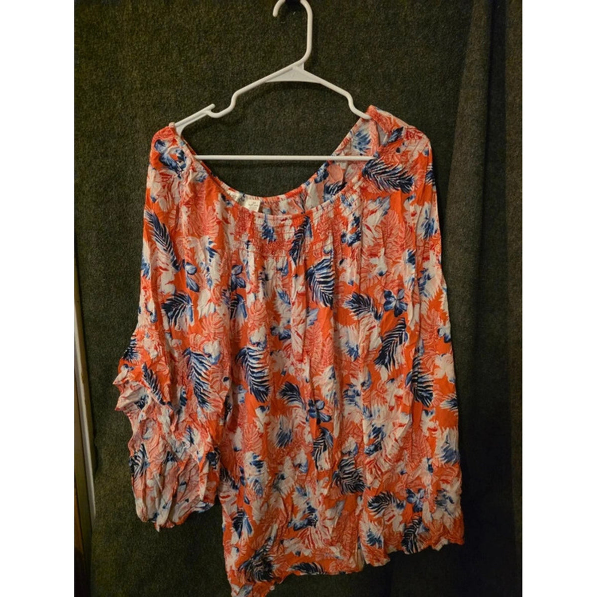 Terra Sky Womens 3X 24W 26W Orange Blue Tropical Palm Leaf Smocked Boho Top