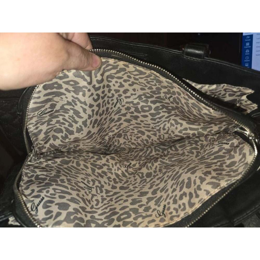 Guess Black Quilted Faux Leather Padlock Satchel Tote Bag Leopard Cheetah Lining