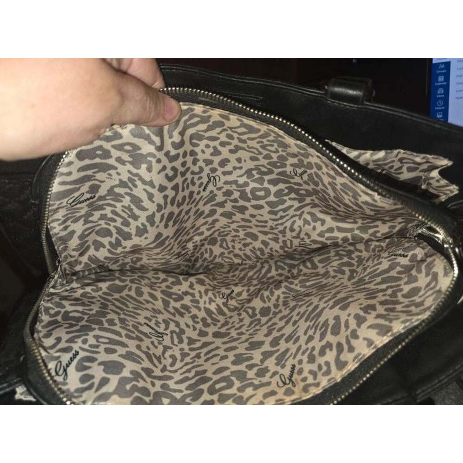 Guess Black Quilted Faux Leather Padlock Satchel Tote Bag Leopard Cheetah Lining