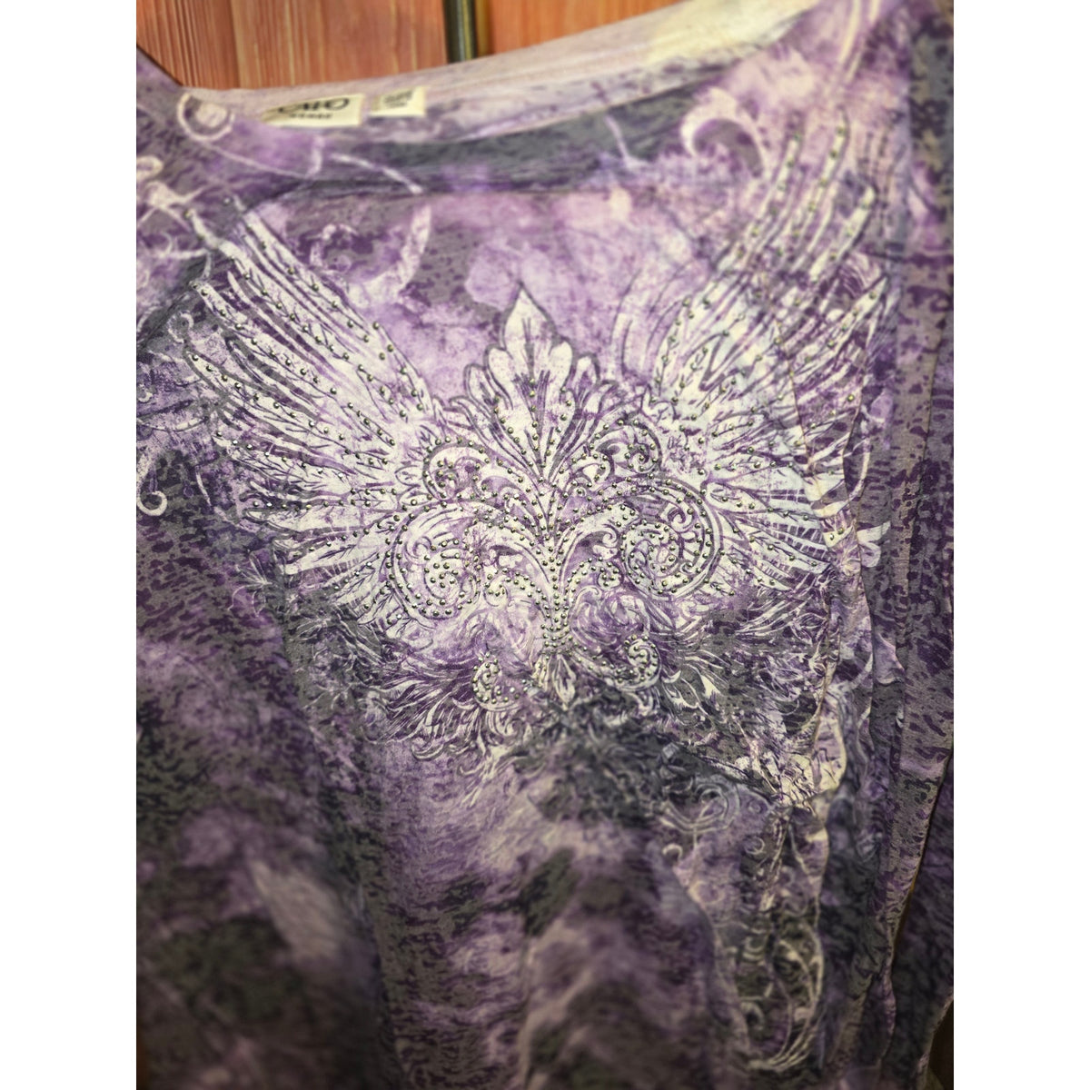 Cato Womens 26/28W Purple Acid Wash Graphic Top Rhinestone Wing Y2K Long Sleeve