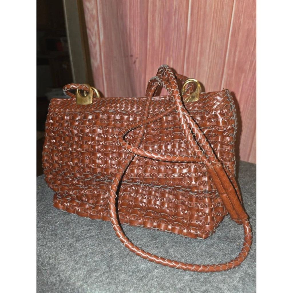 Vintage Cognac Brown Woven Faux Leather Braided Handles Gold Hardware Boho Purse
