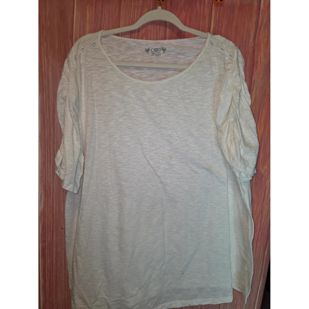Cato White Slub Knit Button Shoulder Ruched Sleeve Top 26/28W