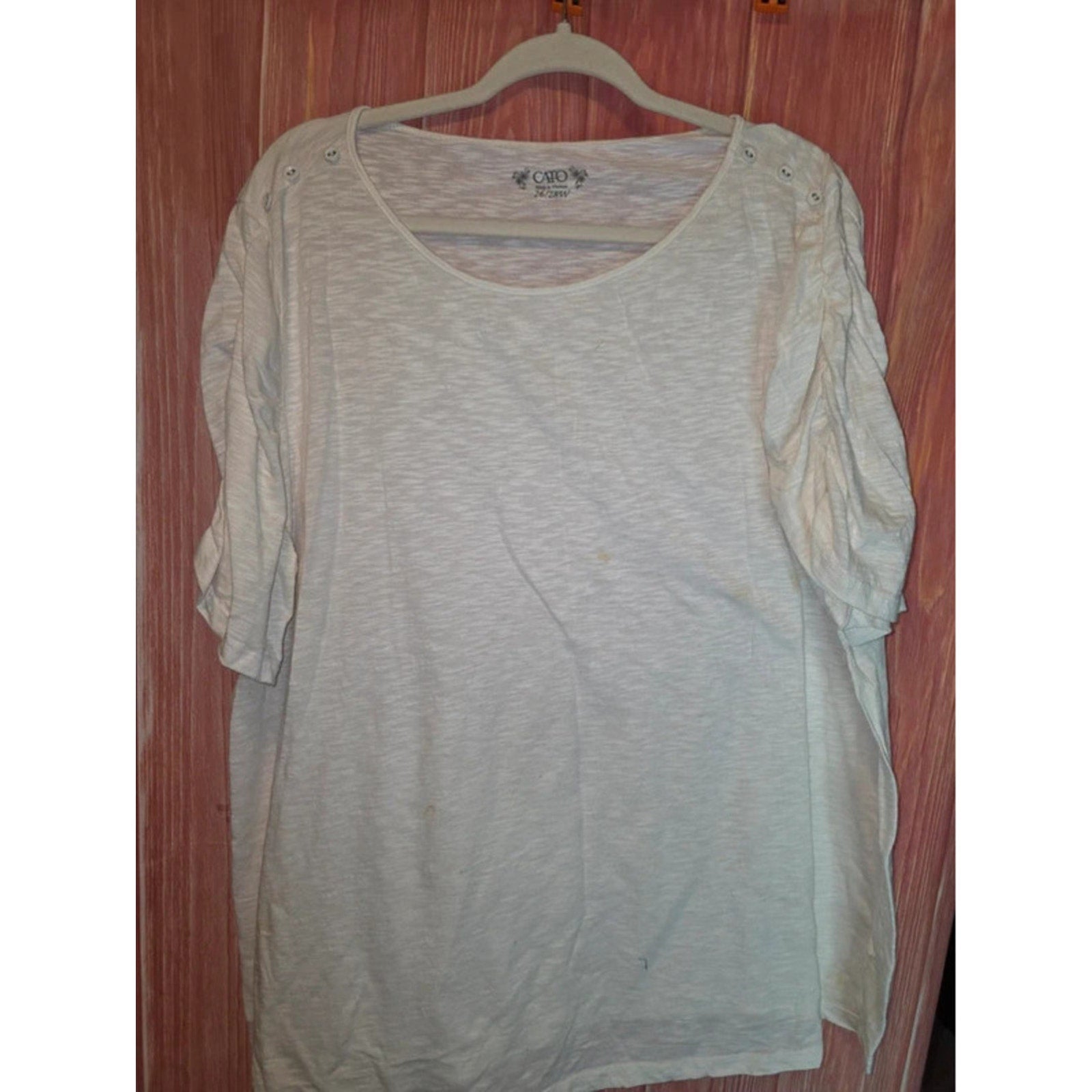 Cato White Slub Knit Button Shoulder Ruched Sleeve Top 26/28W