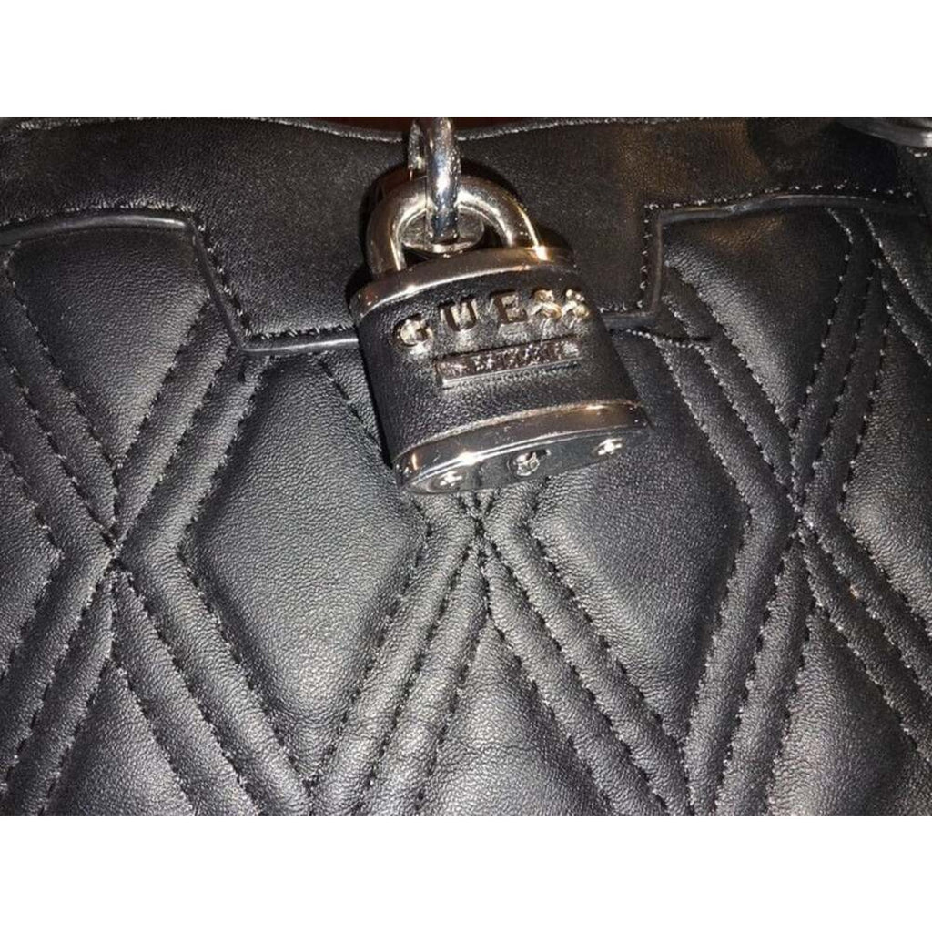 Guess Black Quilted Faux Leather Padlock Satchel Tote Bag Leopard Cheetah Lining