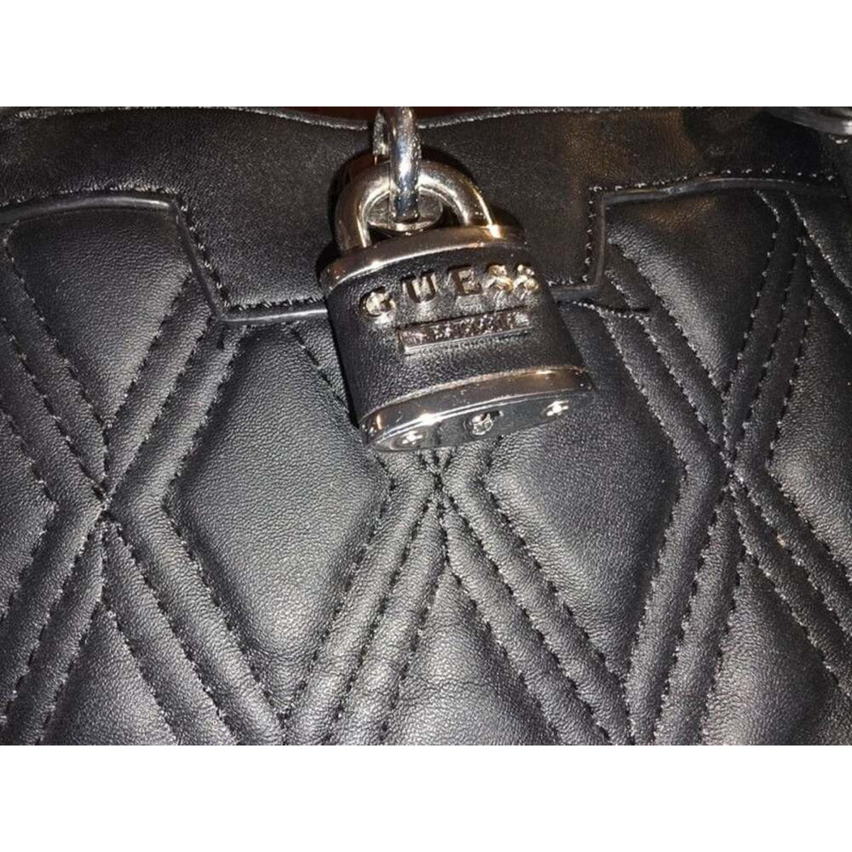 Guess Black Quilted Faux Leather Padlock Satchel Tote Bag Leopard Cheetah Lining
