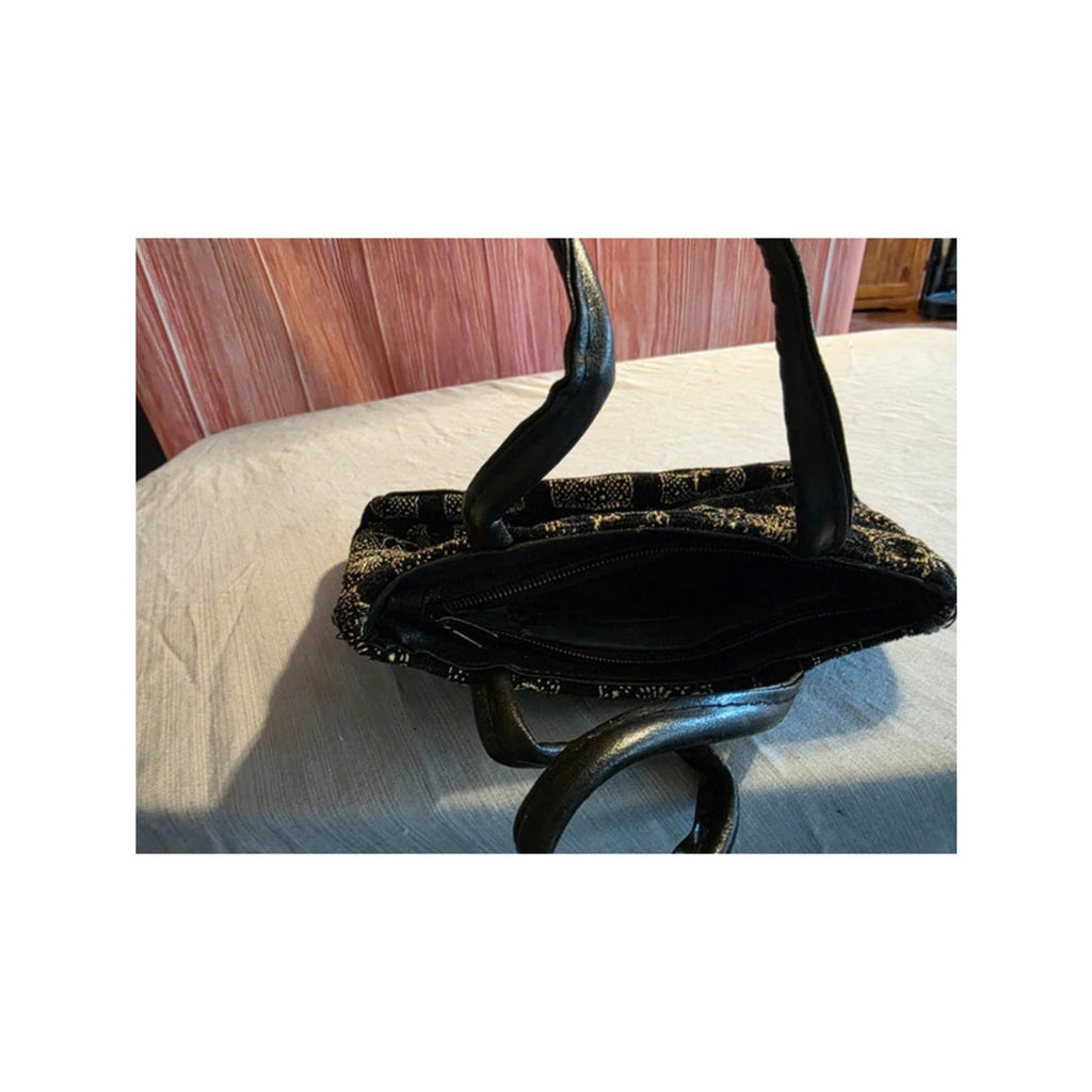 Vintage Black & Gold Tapestry Jacquard Mini Handbag - Metallic Fleur-de-Lis