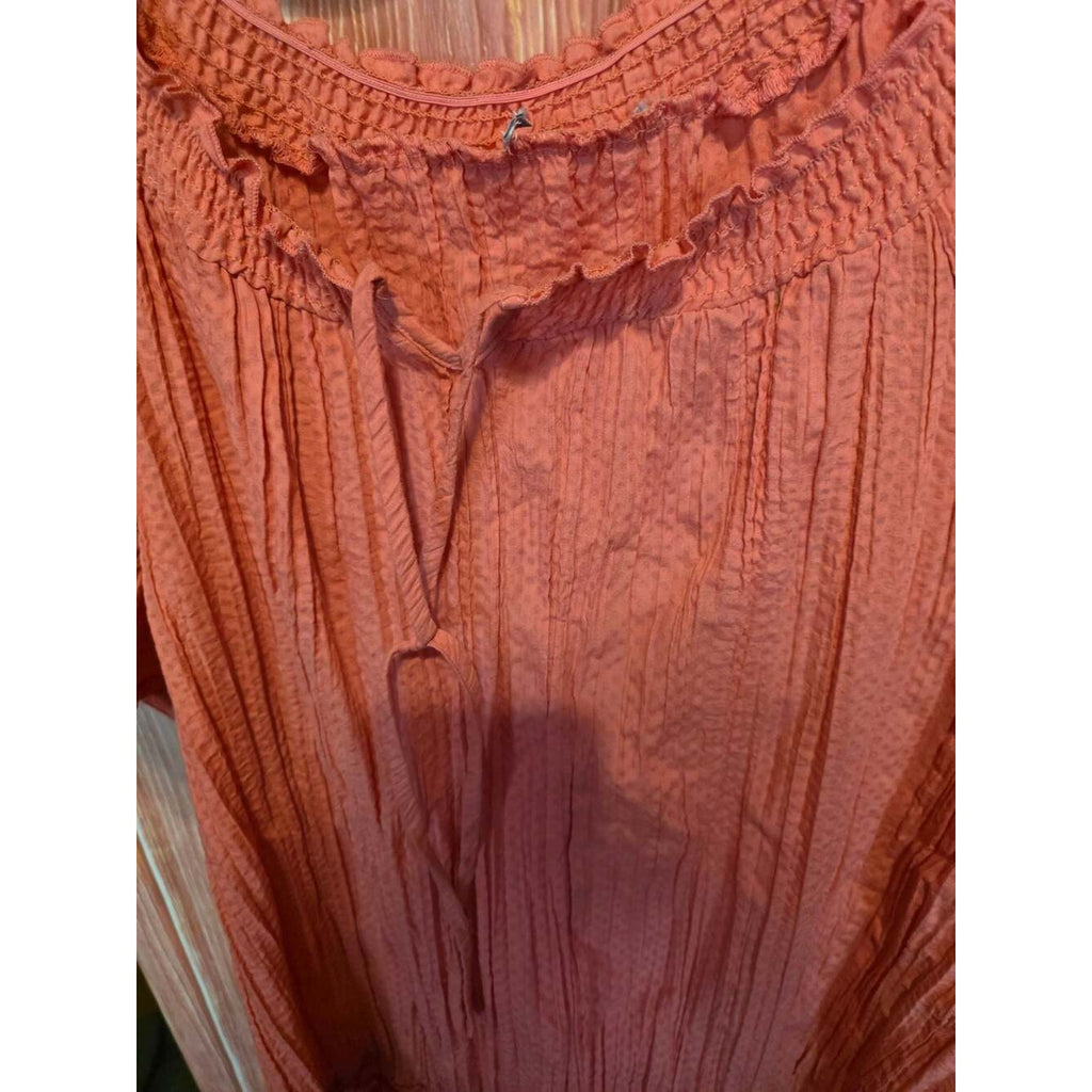 Fashion Bug Women's Coral Short Sleeve Smocked Ruffle Neck Tie Front Blouse