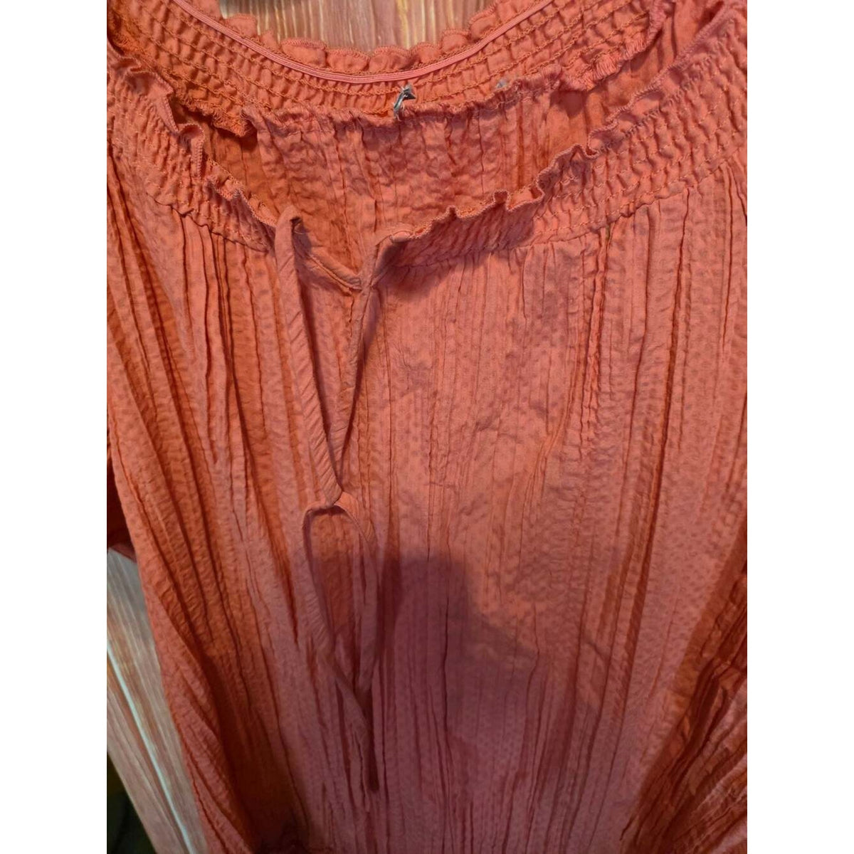 Fashion Bug Women's Coral Short Sleeve Smocked Ruffle Neck Tie Front Blouse