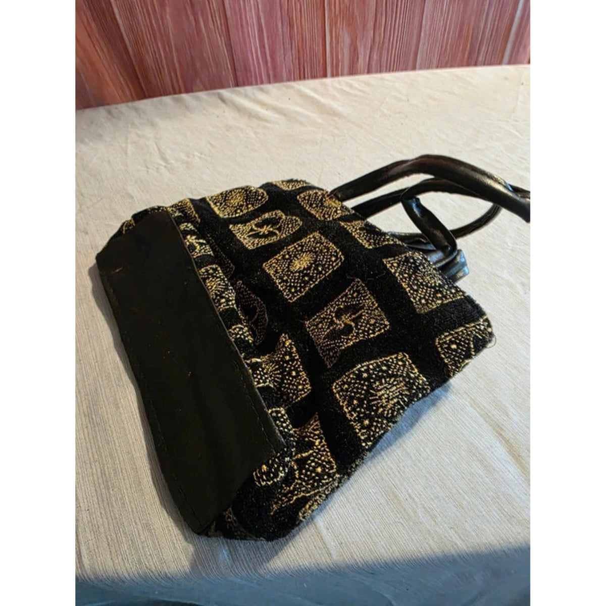 Vintage Black & Gold Tapestry Jacquard Mini Handbag - Metallic Fleur-de-Lis