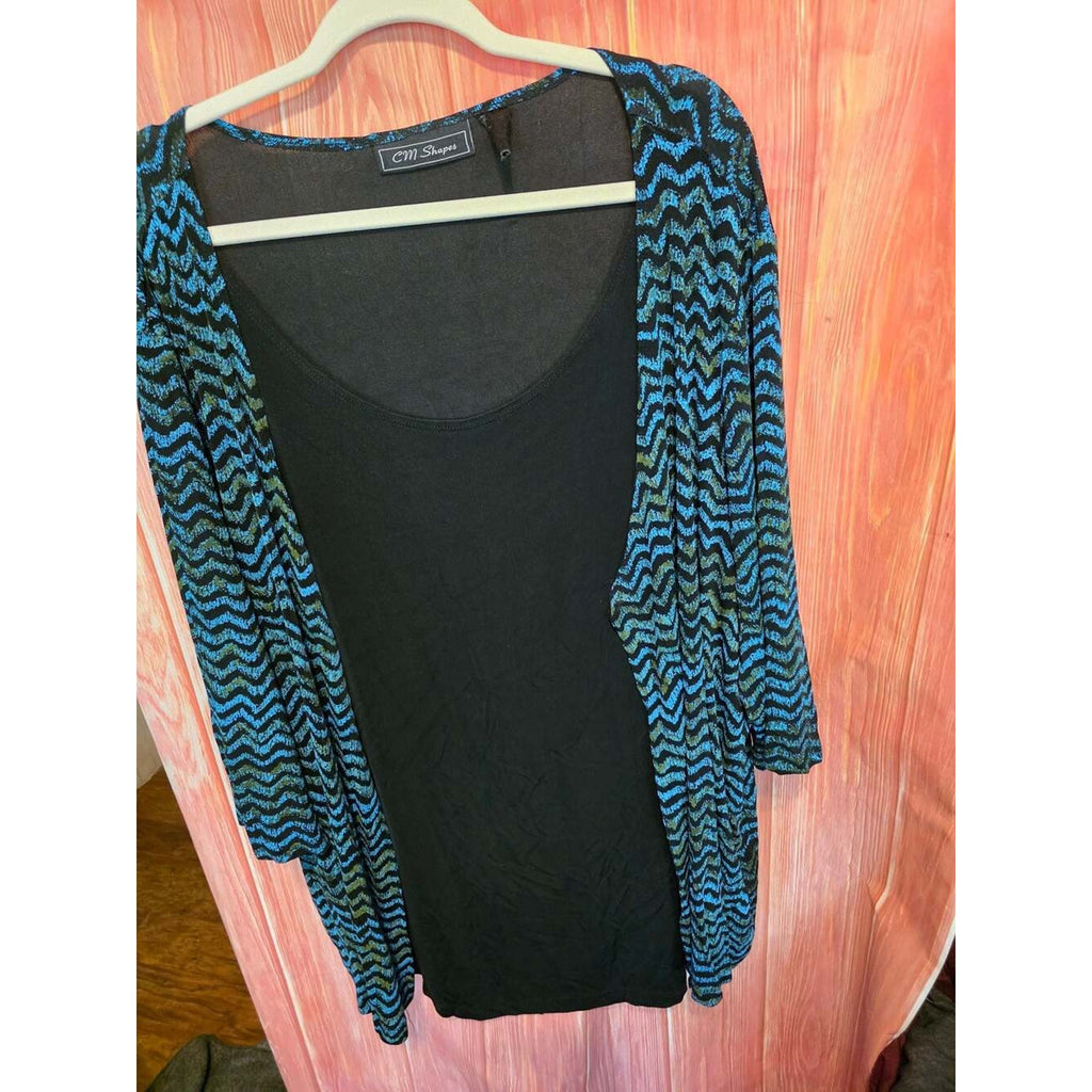 CM Shapes Women's Blue And Black Geometric Chevron Open Front Shrug Cardigan Top