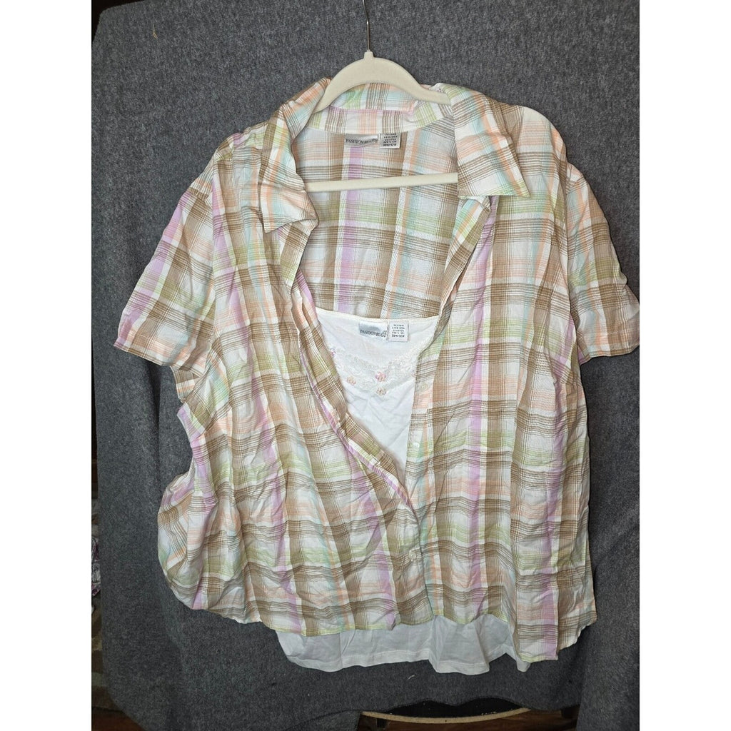 Fashion Bug Women's Button-Up Plaid Blouse with White Tank Top 30/32