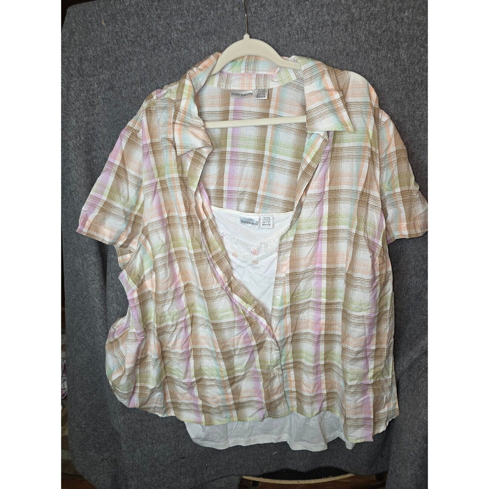 Fashion Bug Women's Button-Up Plaid Blouse with White Tank Top 30/32