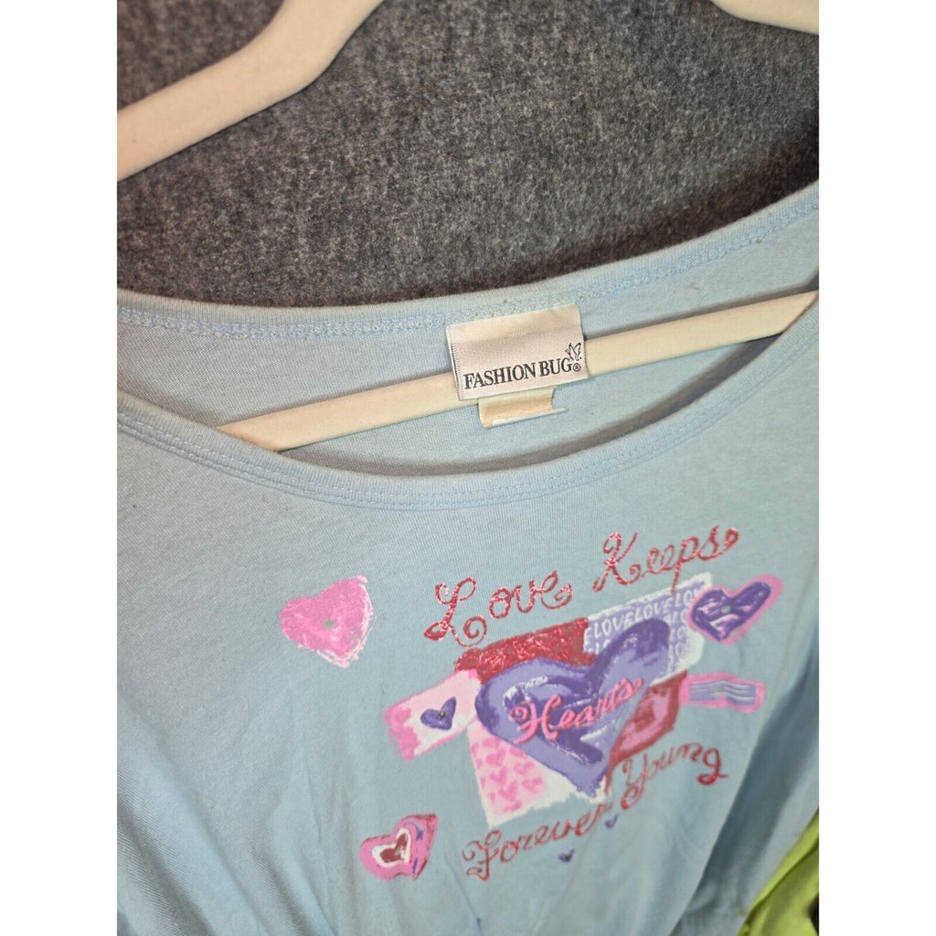 Fashion Bug Light Blue Graphic T-Shirt with Heart Design 3X