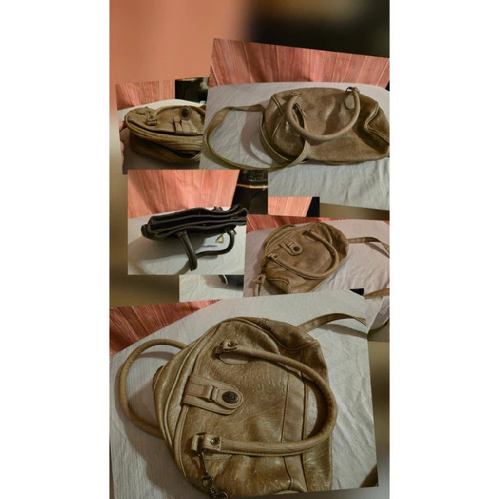 Vintage Y2K Taupe Textured Crossbody Satchel - Brass Details & Double Handles