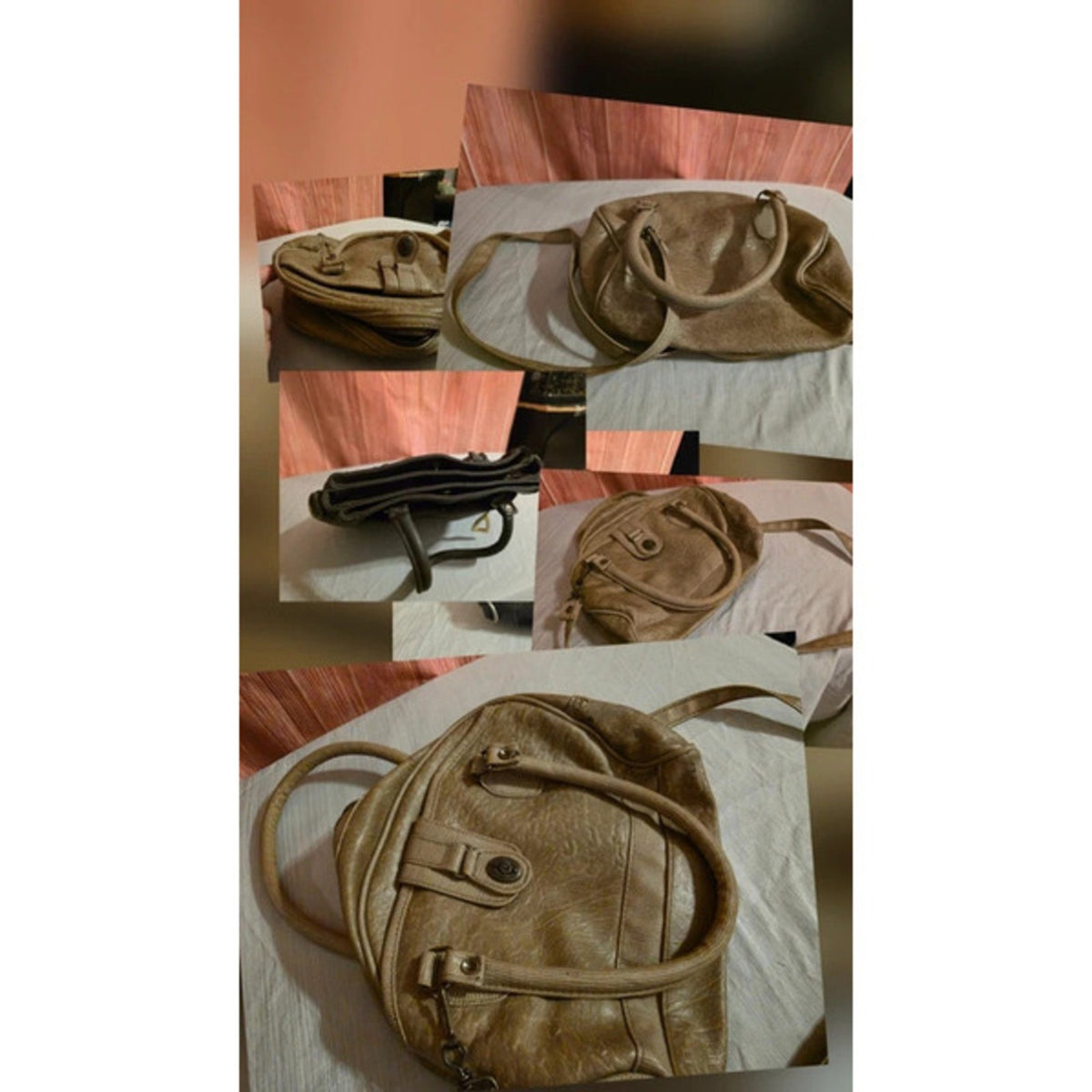 Vintage Y2K Taupe Textured Crossbody Satchel - Brass Details & Double Handles
