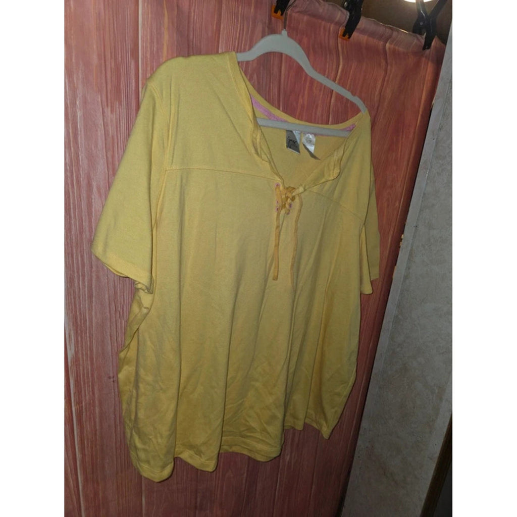 JMS Just My Size Yellow Lace Up V-Neck T-Shirt Top Pink Accents 30/32